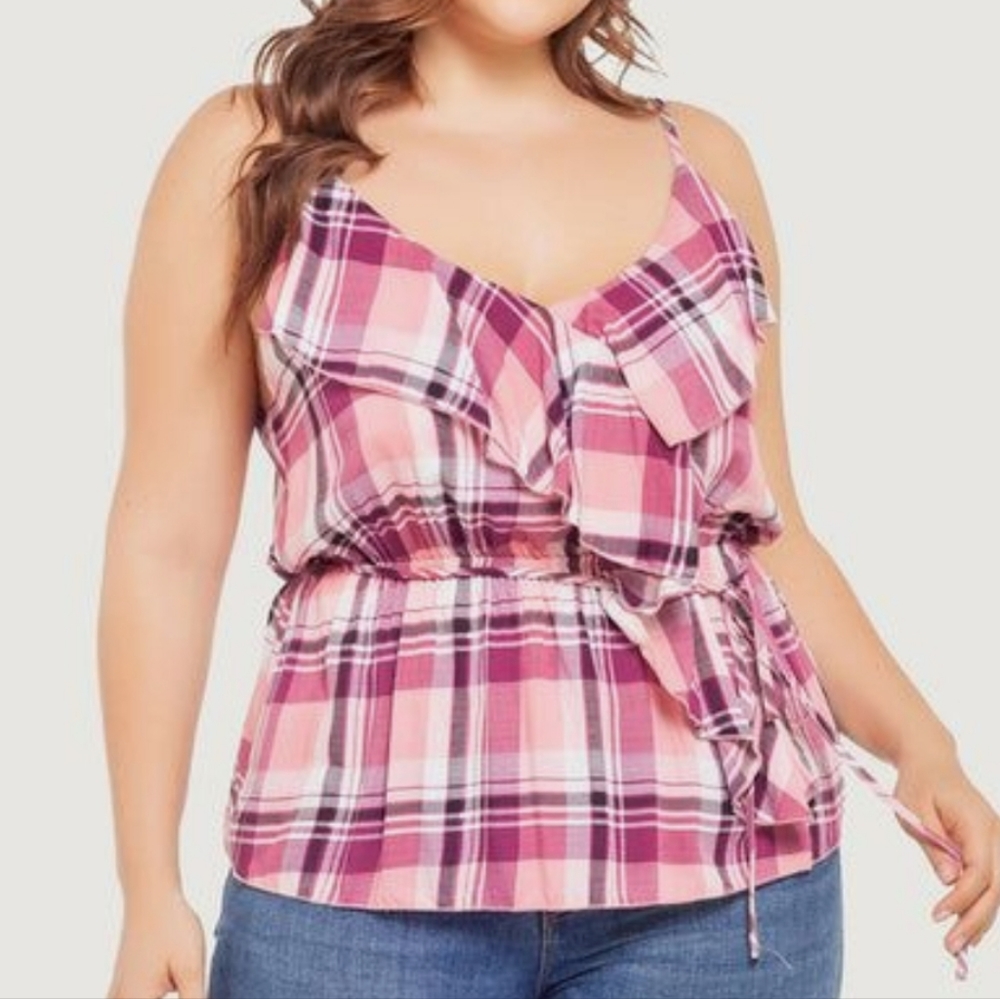 Plaid Ruffle Trim Self-tie Cami Top